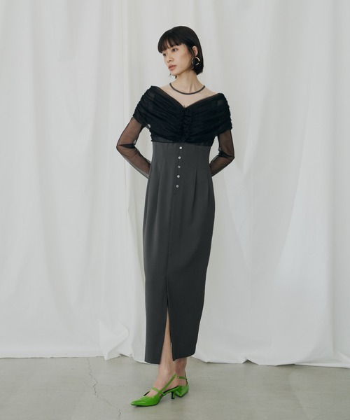 セール】シアーギャザーコラムドレス / sheer gathered column dress セール】シアーギャザーコラムドレス / sheer gathered column dress