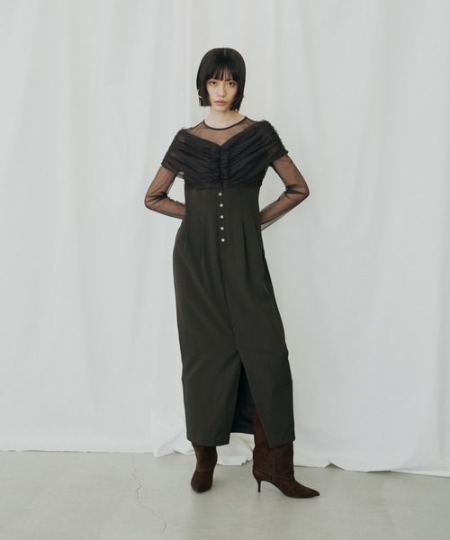セール】シアーギャザーコラムドレス / sheer gathered column dress