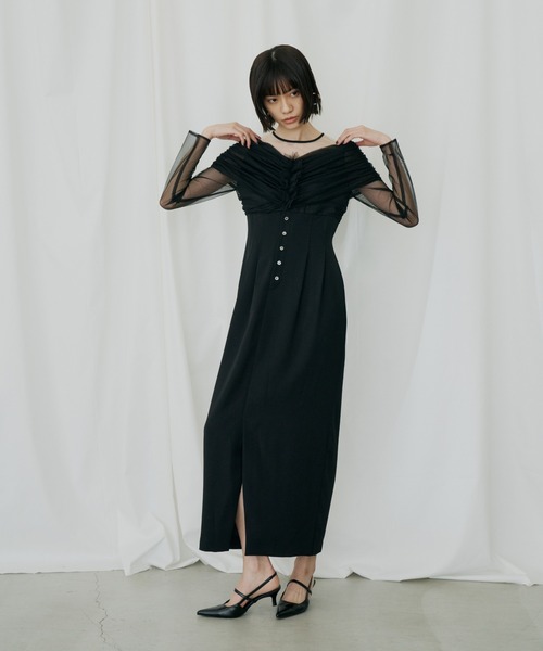 ANDRESD（アンドレスド）の「シアーギャザーコラムドレス / sheer gathered column dress（ドレス・レディース・ブラック/ブラウン/チャコール・M/S/L）」の13枚目の写真
