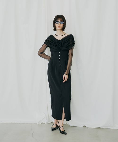 セール】シアーギャザーコラムドレス / sheer gathered column dress
