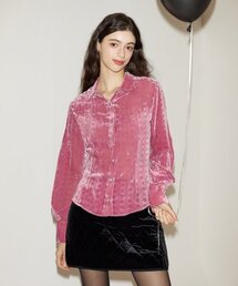 Balloon Sleeve Velvet Blouse_ Pink