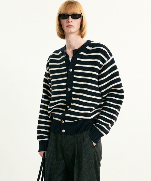 Chunky Wool Knit Cardigan (Navy Stripe) TNSW5F101N2