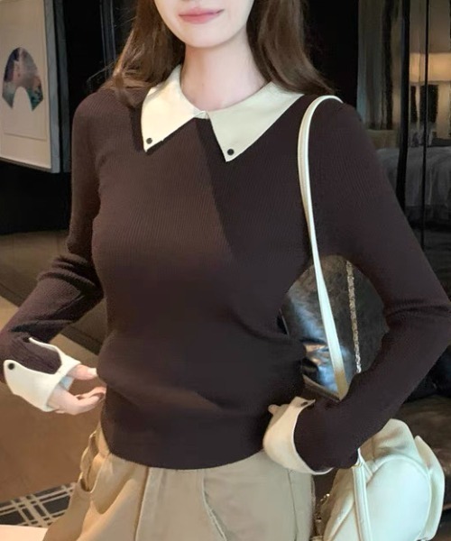 ampm（エーエムピーエム）の「配色ダブルカフス×カラーニットトップス（Tシャツ/カットソー・レディース・ブラウン/グレー・L/M）」の2枚目の写真