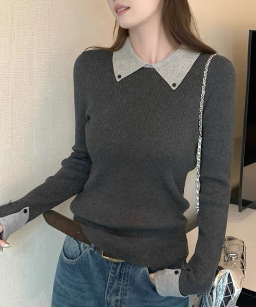 ampm（エーエムピーエム）の「配色ダブルカフス×カラーニットトップス（Tシャツ/カットソー・レディース・ブラウン/グレー・L/M）」の3枚目の写真