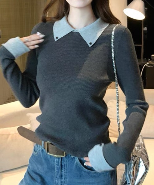 ampm（エーエムピーエム）の「配色ダブルカフス×カラーニットトップス（Tシャツ/カットソー・レディース・ブラウン/グレー・L/M）」の5枚目の写真