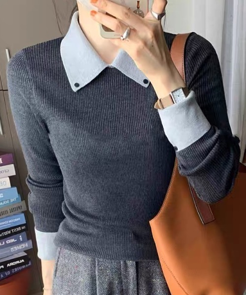 ampm（エーエムピーエム）の「配色ダブルカフス×カラーニットトップス（Tシャツ/カットソー・レディース・ブラウン/グレー・L/M）」の15枚目の写真