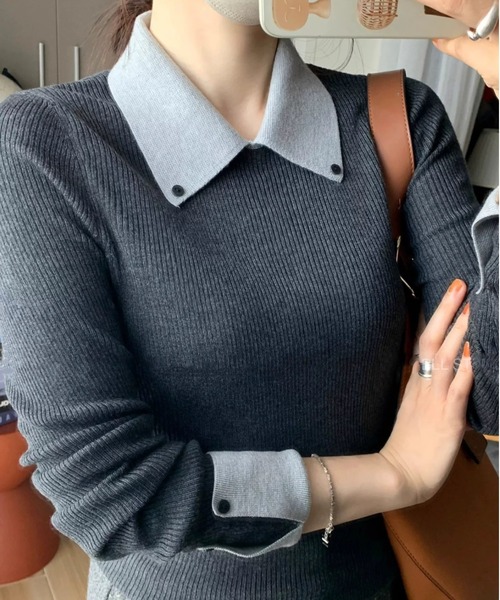 ampm（エーエムピーエム）の「配色ダブルカフス×カラーニットトップス（Tシャツ/カットソー・レディース・ブラウン/グレー・L/M）」の14枚目の写真