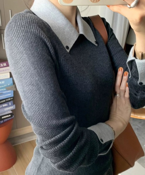 ampm（エーエムピーエム）の「配色ダブルカフス×カラーニットトップス（Tシャツ/カットソー・レディース・ブラウン/グレー・L/M）」の17枚目の写真