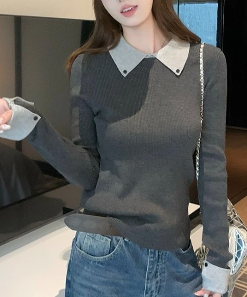 ampm（エーエムピーエム）の「配色ダブルカフス×カラーニットトップス（Tシャツ/カットソー・レディース・ブラウン/グレー・L/M）」の7枚目の写真