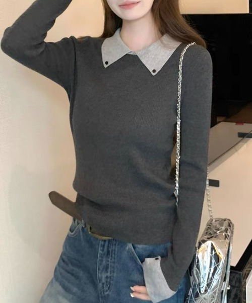 ampm（エーエムピーエム）の「配色ダブルカフス×カラーニットトップス（Tシャツ/カットソー・レディース・ブラウン/グレー・L/M）」の8枚目の写真