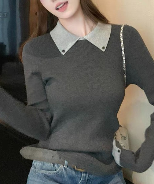 ampm（エーエムピーエム）の「配色ダブルカフス×カラーニットトップス（Tシャツ/カットソー・レディース・ブラウン/グレー・L/M）」の9枚目の写真