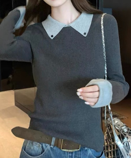 ampm（エーエムピーエム）の「配色ダブルカフス×カラーニットトップス（Tシャツ/カットソー・レディース・ブラウン/グレー・L/M）」の11枚目の写真
