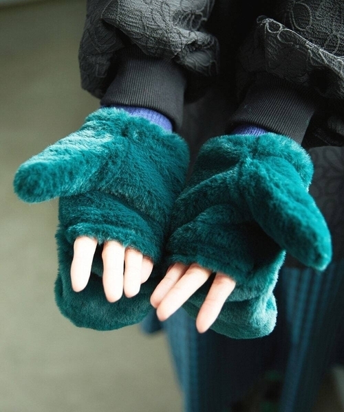 Jocomomola（ホコモモラ）の「フラワー刺繍フェイクファーミトン（手袋・レディース・グリーン/オレンジ・40）」の4枚目の写真