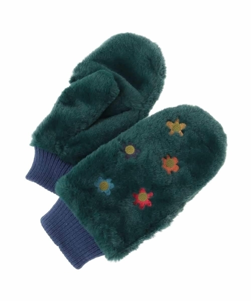 Jocomomola（ホコモモラ）の「フラワー刺繍フェイクファーミトン（手袋・レディース・グリーン/オレンジ・40）」の3枚目の写真