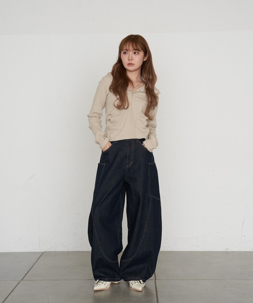 RAY CASSIN(レイカズン)の「【ウエスト調節可/2サイズ展開】デザイン切替デニム(デニムパンツ・レディース・ブルー/ネイビー/ブラック/ブラウン・S/M)」の5枚目の写真