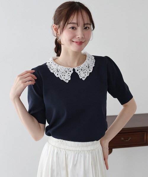BLUEEAST(ブルーイースト)の「レース襟ドッキングニット(ニット/セーター・レディース・ピンクベージュ/ブラック/ネイビー・MEDIUM)」の3枚目の写真
