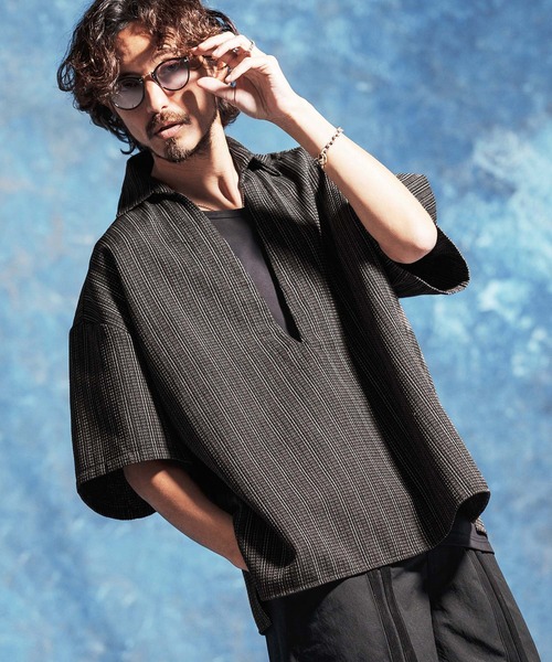 Jih Nunc（ジーヌンク）の「mhs2527-コットンリネンディープスキッパージャガードシャツ(JIH-R1169)（シャツ/ブラウス・メンズ・ダークブラウン/ブラウン/ブルー・S/M/L）」の2枚目の写真