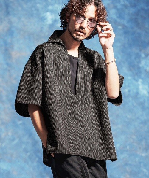 Jih Nunc（ジーヌンク）の「mhs2527-コットンリネンディープスキッパージャガードシャツ(JIH-R1169)（シャツ/ブラウス・メンズ・ダークブラウン/ブラウン/ブルー・S/M/L）」の15枚目の写真