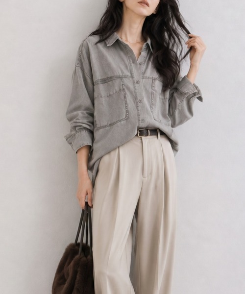 ap retro(アプレトロ)の「とろみデニム 2WAYルーズオーバーシャツ / 落ち感・大人リラックス(シャツ/ブラウス・レディース・ブルー系その他/ブラック系その他/ブラウン/グレー/ブラック・FREE)」の4枚目の写真