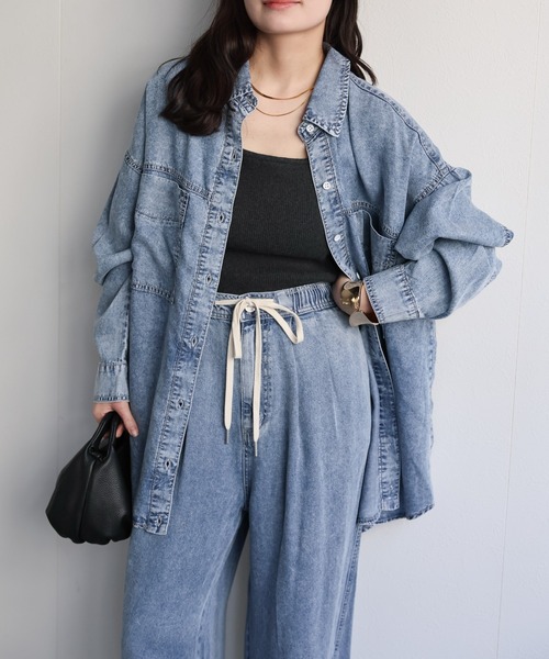 ap retro(アプレトロ)の「【接触冷感】とろみデニム 2WAYルーズオーバーシャツ / 落ち感・大人リラックス・冷房対策(シャツ/ブラウス・レディース・ブルー系その他/ブラック系その他・FREE)」の4枚目の写真