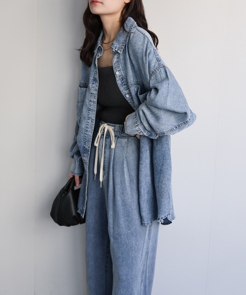 ap retro(アプレトロ)の「【接触冷感】とろみデニム 2WAYルーズオーバーシャツ / 落ち感・大人リラックス・冷房対策(シャツ/ブラウス・レディース・ブルー系その他/ブラック系その他・FREE)」の9枚目の写真