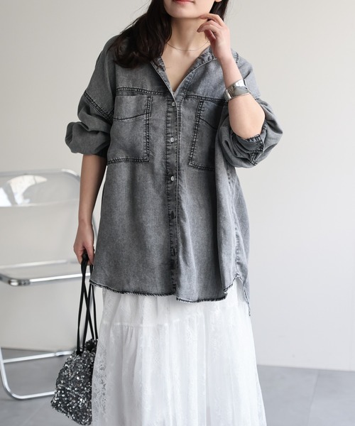 ap retro(アプレトロ)の「【接触冷感】とろみデニム 2WAYルーズオーバーシャツ / 落ち感・大人リラックス・冷房対策(シャツ/ブラウス・レディース・ブルー系その他/ブラック系その他・FREE)」の20枚目の写真