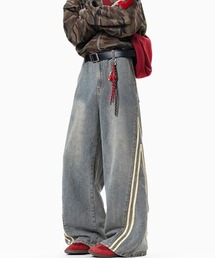 EFFECTION（エフェクション）の「【neos】ユニセックス 2ライン プリント トラック ルーズ ワイド デニム パンツ メンズ レディース（デニムパンツ）」