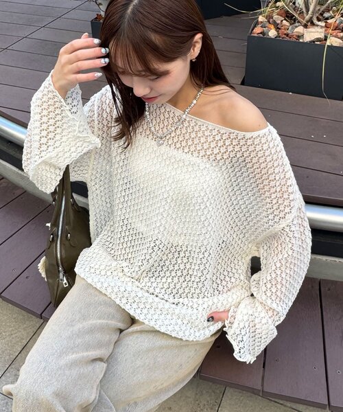 CIAOPANIC（チャオパニック）の「透かし編みルーズニットプルオーバー（ニット/セーター・レディース・グレー/アイボリー/ピンク・ONE SIZE）」の2枚目の写真