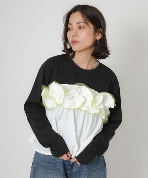 Floran（フローラン）の「ドッキングビスチェ フリル ドットチュールロンT（Tシャツ/カットソー・レディース・チャコールグレー/ブラック/オフホワイト・FREE）」の9枚目の写真