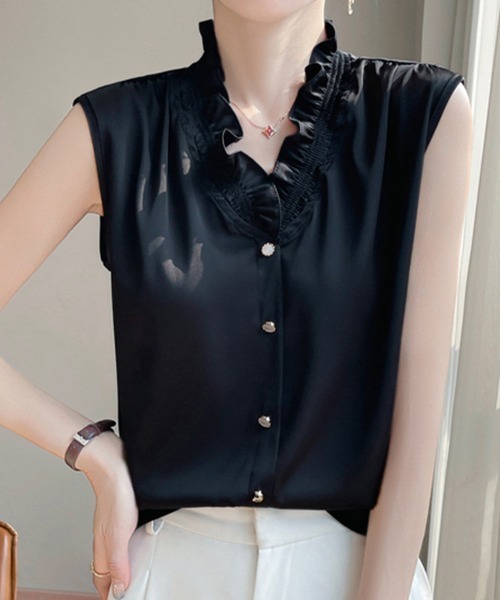 SallyLunn(サリーラン)の「スタンドフリルノースリーブブラウス(シャツ/ブラウス・レディース・ブラック/ホワイト・MEDIUM/LARGE)」の1枚目の写真