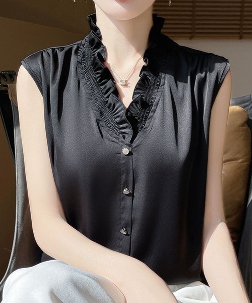 SallyLunn(サリーラン)の「スタンドフリルノースリーブブラウス(シャツ/ブラウス・レディース・ブラック/ホワイト・MEDIUM/LARGE)」の9枚目の写真