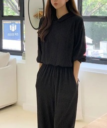 フード付きトップスワイドパンツセットアップ
