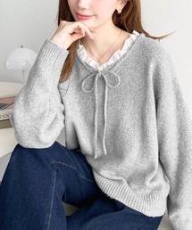 配色フリルカラーVネックニットプルオーバー