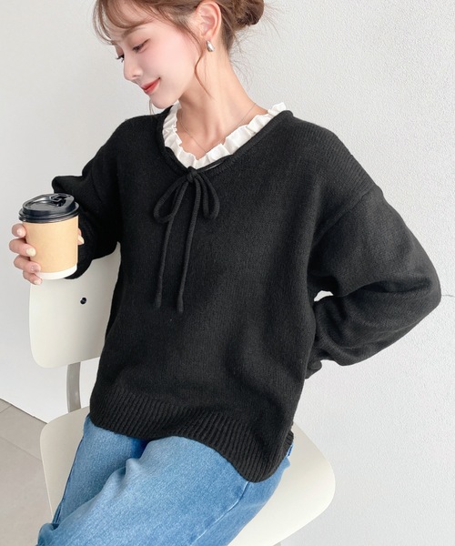 moment+(モーメントプラス)の「配色フリルカラーVネックニットプルオーバー(ニット/セーター・レディース・ピンク/ブラック/杢グレー/ネイビー/ベージュ・M)」の10枚目の写真