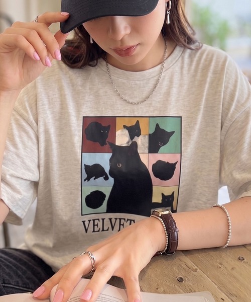 SpRay(スプレイ)の「CAT プリント Tシャツ(Tシャツ/カットソー・レディース・オフホワイト/ブラック/オートミール/レッド・FREE)」の3枚目の写真