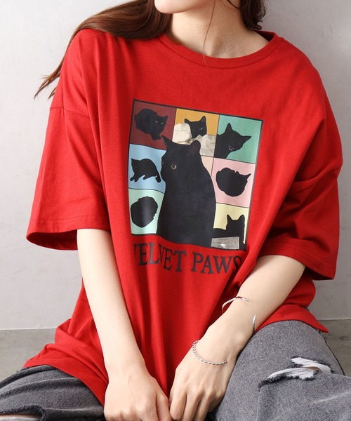 SpRay(スプレイ)の「CAT プリント Tシャツ(Tシャツ/カットソー・レディース・オフホワイト/ブラック/オートミール/レッド・FREE)」の4枚目の写真
