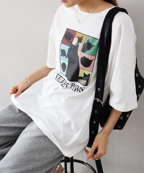 SpRay(スプレイ)の「CAT プリント Tシャツ(Tシャツ/カットソー・レディース・オフホワイト/ブラック/オートミール/レッド・FREE)」の5枚目の写真