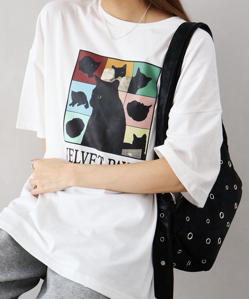 SpRay(スプレイ)の「CAT プリント Tシャツ(Tシャツ/カットソー・レディース・オフホワイト/ブラック/オートミール/レッド・FREE)」の7枚目の写真