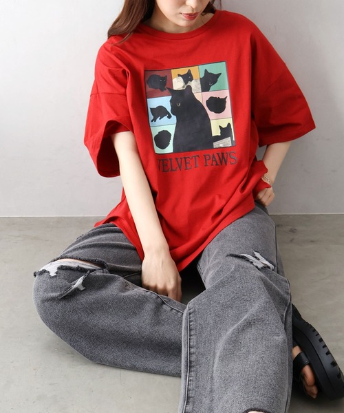 SpRay(スプレイ)の「CAT プリント Tシャツ(Tシャツ/カットソー・レディース・オフホワイト/ブラック/オートミール/レッド・FREE)」の18枚目の写真