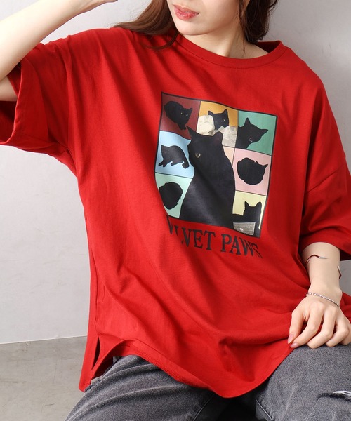SpRay(スプレイ)の「CAT プリント Tシャツ(Tシャツ/カットソー・レディース・オフホワイト/ブラック/オートミール/レッド・FREE)」の19枚目の写真