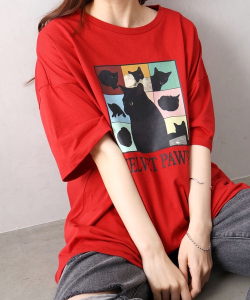 SpRay(スプレイ)の「CAT プリント Tシャツ(Tシャツ/カットソー・レディース・オフホワイト/ブラック/オートミール/レッド・FREE)」の20枚目の写真