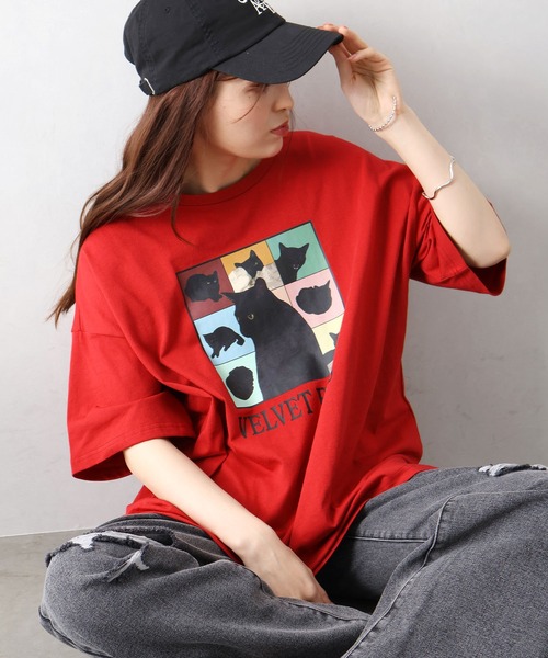 SpRay(スプレイ)の「CAT プリント Tシャツ(Tシャツ/カットソー・レディース・オフホワイト/ブラック/オートミール/レッド・FREE)」の21枚目の写真