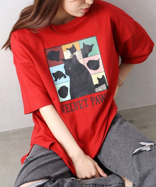 SpRay(スプレイ)の「CAT プリント Tシャツ(Tシャツ/カットソー・レディース・オフホワイト/ブラック/オートミール/レッド・FREE)」の22枚目の写真