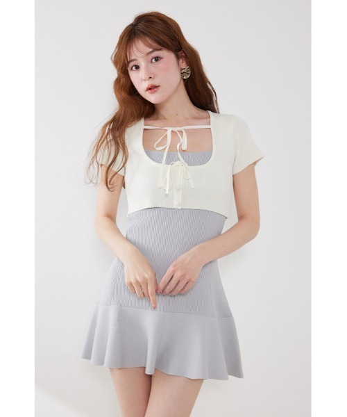 フロントリボンカーデセットニットミニワンピース　春服 夏服 セール】フロントリボンカーデセットニットミニワンピース 春服 夏服