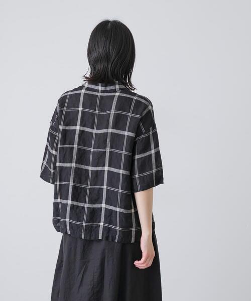 かぐれ(カグレ)の「リネンチェック半袖シャツ(シャツ/ブラウス・レディース・ナチュラル/ブラック・FREE)」の8枚目の写真