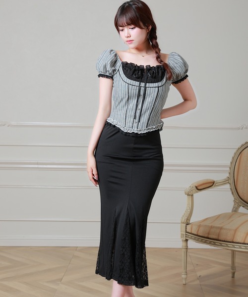 Anely(アネリー)の「Anely レース インバーテッド プリーツ ミモレ丈 タイト スカート(スカート・レディース・ブラック・L/M/S)」の4枚目の写真