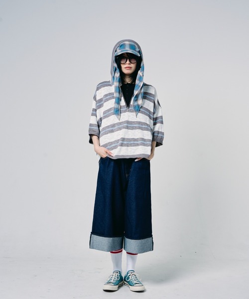 EFFECTEN(エフェクテン)の「【EFFECTEN】Slab knit border half zip hoodie(ニット/セーター・メンズ・ブルー系その他/グレー系その他・MEDIUM/LARGE)」の1枚目の写真