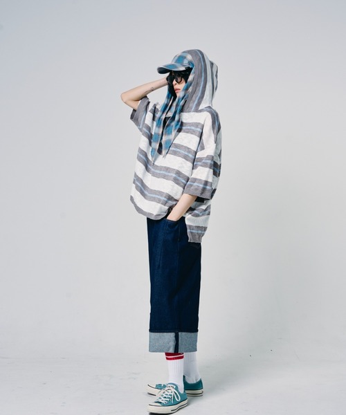 EFFECTEN(エフェクテン)の「【EFFECTEN】Slab knit border half zip hoodie(ニット/セーター・メンズ・ブルー系その他/グレー系その他・MEDIUM/LARGE)」の4枚目の写真