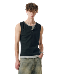 Layered Henley Sleeveless [BLACK]_SETS059BLACK