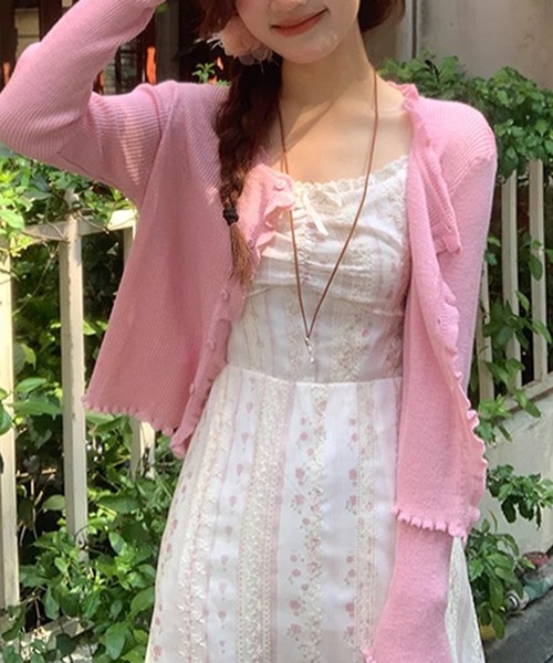 HALEY PESCA(ヘーリーペスカ)の「HALEY PESCA/パステルカラー メロウフリル シアーリブカーディガン(カーディガン/ボレロ・レディース・ピンク/ライトブルー/ブラック/イエロー/グリーン/ホワイト・FREE)」の6枚目の写真